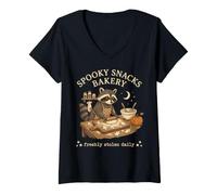Women's Funny Raccoon Baking Spooky Ghost Cookies Halloween V-Neck T-Shirt
