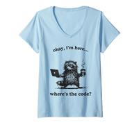 Women's Funny Raccoon Developer Where is The Code Coding Graphic V-Neck T-Shirt