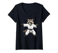 Women's Funny Raccoon Doing Karate Samurai Ninja Raccoon V-Neck T-Shirt