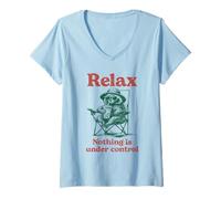 Women's Funny Raccoon Drinking Boba Relax Nothing Under Control V-Neck T-Shirt