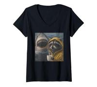 Women's Funny Raccoon Drinking Coffee Shark Attack Meme Vintage V-Neck T-Shirt