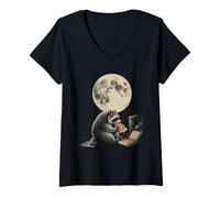 Women's Funny Raccoon Eating Pizza Snack Lovers Magic Moon Graphic V-Neck T-Shirt