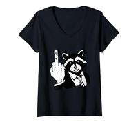 Women's Funny Raccoon in Suit Flipping Bird Graphic V-Neck T-Shirt