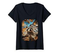 Womens Funny Raccoon Selfie Fall Leaves Forest Autumn Feral Animal V-Neck T-Shirt