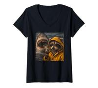 Women's Funny Raccoon Smoking Pipe Shark Attack Meme Vintage V-Neck T-Shirt