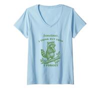 Women's Funny Raccoon Sometimes I Think Then Forget Vintage Graphic V-Neck T-Shirt