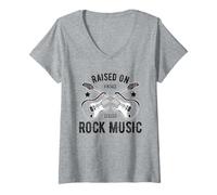 Womens Funny Raised On Rock Music Classic Guitar Retro V-Neck T-Shirt