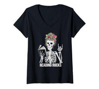 Women's Funny Reading Rocks Skeleton Preschool Literacy Squad Past V-Neck T-Shirt