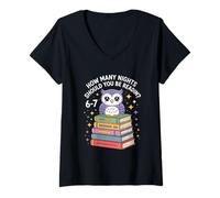 Women's Funny Reading Saying How Many Nights Cute Owl V-Neck T-Shirt