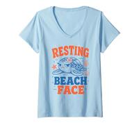 Women's Funny Resting Beach Face Sea Turtle Grumpy Ocean Coastal Art V-Neck T-Shirt