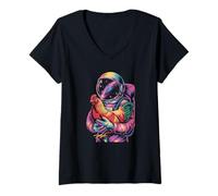 Women's Funny Retro Astronaut Exploring The Starry Chicken Coop V-Neck T-Shirt