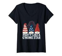 Womens Funny Retro Patriotic Stars and Stripes Gnome Crew V-Neck T-Shirt