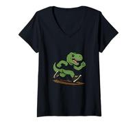Womens Funny Retro T-Rex Trail Running Dinosaur V-Neck T-Shirt
