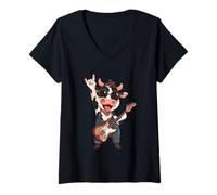 Women's Funny Rock Cow Guitar Playing Retro Style Animal Design V-Neck T-Shirt
