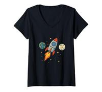Womens Funny Rocket Spaceship and Planets Graphic V-Neck T-Shirt