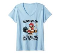 Women's Funny Rooster in Shades Caffeine Bad Decisions Saying V-Neck T-Shirt