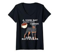 Womens Funny Rottweiler Dog: A Good Day Starts With Coffee V-Neck T-Shirt