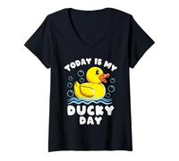 Womens Funny Rubber Duck Today is My Ducky Day Lucky Duckie Crew V-Neck T-Shirt