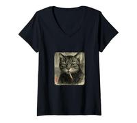 Womens Funny Sad Cat Smoking Cigarette Meme Lover Sumi-e Japanese V-Neck T-Shirt