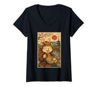 Womens Funny Samurai Cat Slurping Ramen Under Mount Fuji and Sakura V-Neck T-Shirt
