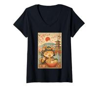Womens Funny Samurai Cat Slurping Ramen Under Mount Fuji and Sakura V-Neck T-Shirt
