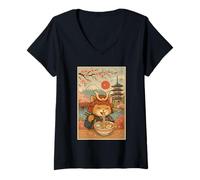 Womens Funny Samurai Cat Slurping Ramen Under Mount Fuji and Sakura V-Neck T-Shirt