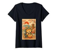 Womens Funny Samurai Cat Slurping Ramen Under Mount Fuji and Sakura V-Neck T-Shirt