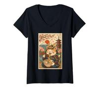 Womens Funny Samurai Cat Slurping Ramen Under Mount Fuji and Sakura V-Neck T-Shirt