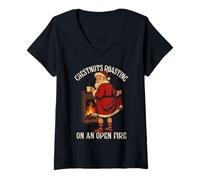 Womens Funny Santa, Christmas Chestnuts Roasting on an Open Fire V-Neck T-Shirt