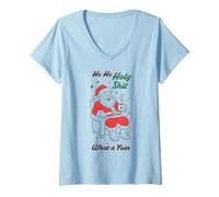 Womens Funny Santa Christmas Graphic Ho Ho Holy Wow What a Year V-Neck T-Shirt