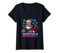 Womens Funny Santa Gaming at Midnight Christmas Holiday Design V-Neck T-Shirt