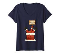 Womens Funny Santa Stuck in Chimney Help Wanted Christmas V-Neck T-Shirt