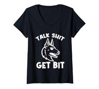 Women's Funny Sarcastic Belgian Malinois Talk Shit Get Bite V-Neck T-Shirt, Black, Small