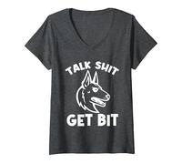 Women's Funny Sarcastic Belgian Malinois Talk Shit Get Bite V-Neck T-Shirt, Dark Heather Grey, Small