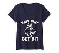 Women's Funny Sarcastic Belgian Malinois Talk Shit Get Bite V-Neck T-Shirt, Navy Blue, Small