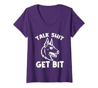 Women's Funny Sarcastic Belgian Malinois Talk Shit Get Bite V-Neck T-Shirt, Purple, Small