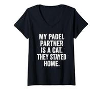 Womens Funny Sarcastic Padel T-Shirt UK My Padel Partner is A Cat V-Neck T-Shirt