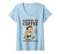 Womens Funny Sarcastic Running on Coffee and Coping V-Neck T-Shirt