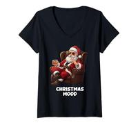 Womens Funny Sarcastic Santa Smoking and Drinking “Christmas Mood” V-Neck T-Shirt