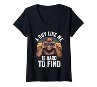 Womens Funny Sasquatch Bigfoot A Guy Like Me Is Hard To Forest Find V-Neck T-Shirt