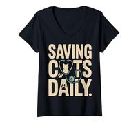 Women's Funny Saving Cats Daily Vet Tech Cat Lover V-Neck T-Shirt