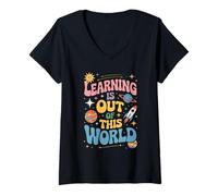 Womens Funny Saying Learning Is Out of This World Rocket Women Men V-Neck T-Shirt