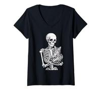 Womens Funny Saying Skeleton Loves Cat Until Death Women Men V-Neck T-Shirt