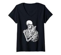 Womens Funny Saying Skeleton Loves Cat Until Death Women Men V-Neck T-Shirt