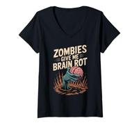 Womens Funny Saying Zombies Give Me Brain Rot Spooky Women Men V-Neck T-Shirt