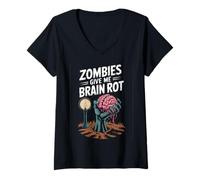 Womens Funny Saying Zombies Give Me Brain Rot Spooky Women Men V-Neck T-Shirt