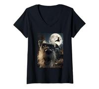 Womens Funny Schnauzer Selfie Full Moon Flying Witch Halloween Dog V-Neck T-Shirt
