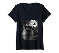 Womens Funny Schnauzer Selfie Full Moon Flying Witch Halloween Dog V-Neck T-Shirt