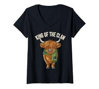 Womens Funny Scottish Clan King Wooly Highland Cow Tartan Mens dad V-Neck T-Shirt