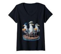Womens Funny Seagull Captain Birds Stealing Sandwich and Fries V-Neck T-Shirt